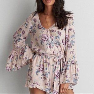 American Eagle Floral Bell Sleeve Romper Pink Purple Blue Small